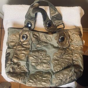 Big Buddha button snap Large Tote Bag Bronze Metallic Flowers